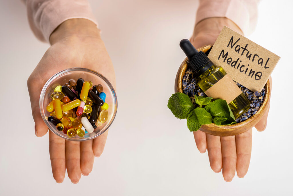 a woman holding bowls in each hand, one with pills and the other with natural medicine, highlighting the need for a natural alternative to adderall