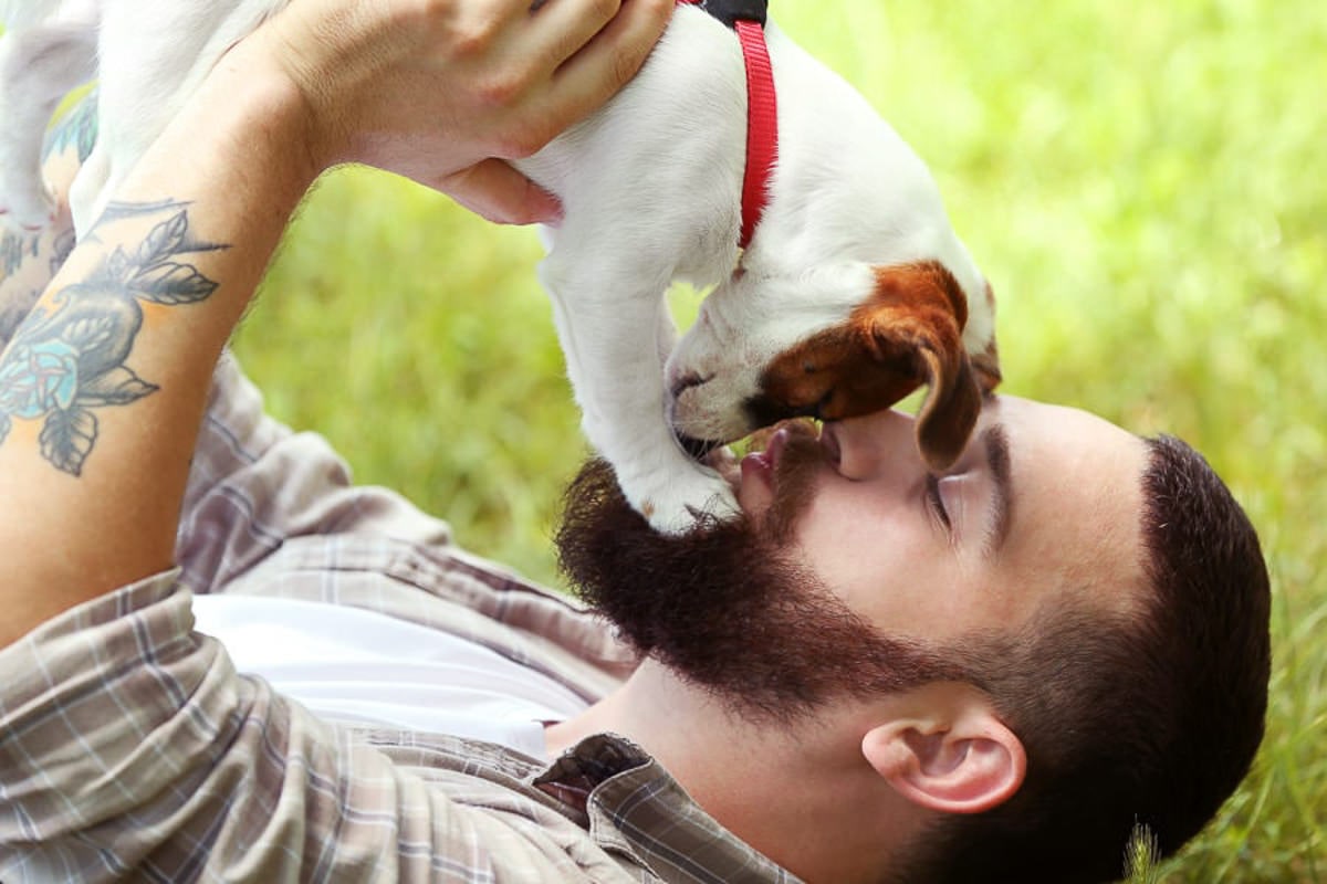 A man is petting a dog, illustrating animal-assisted therapy for substance use disorder recovery.